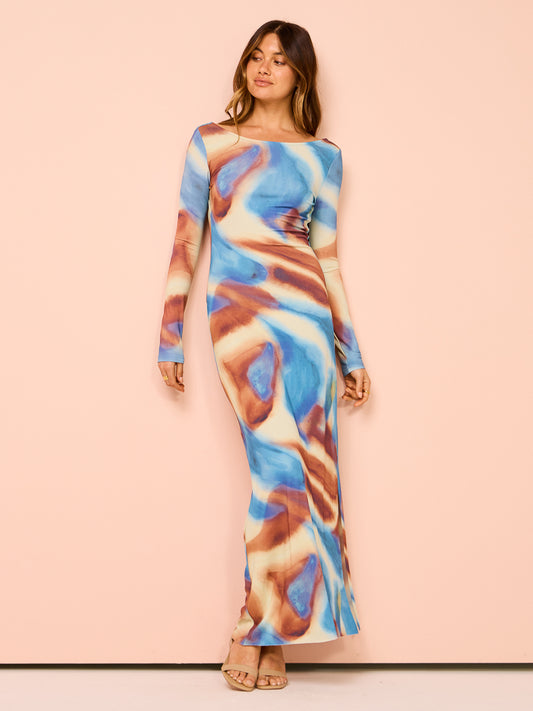 Issy Long Sleeve Maxi Dress in Blue Marble