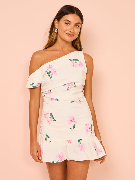 Issy One Shoulder Rouched Mini Dress in Rose Print
