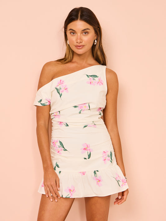 Issy One Shoulder Rouched Mini Dress in Rose Print – Coco & Lola