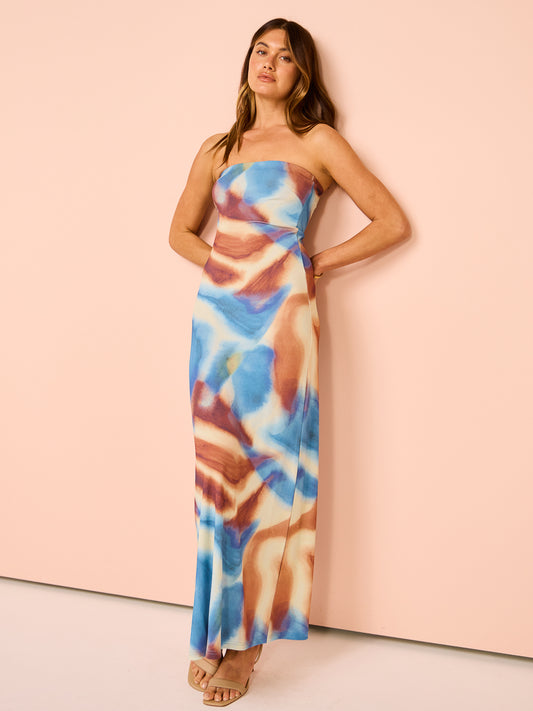 Issy Strapless Maxi Dress in Blue Marble