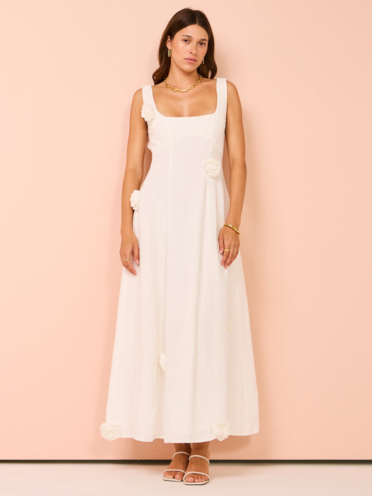 Issy Rose Applique Bodice Midi Dress in White