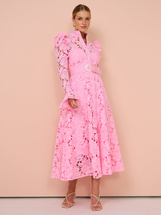 Leo Lin Aliyah Lace Butterfly Sleeve Midi Dress in Candy Pink