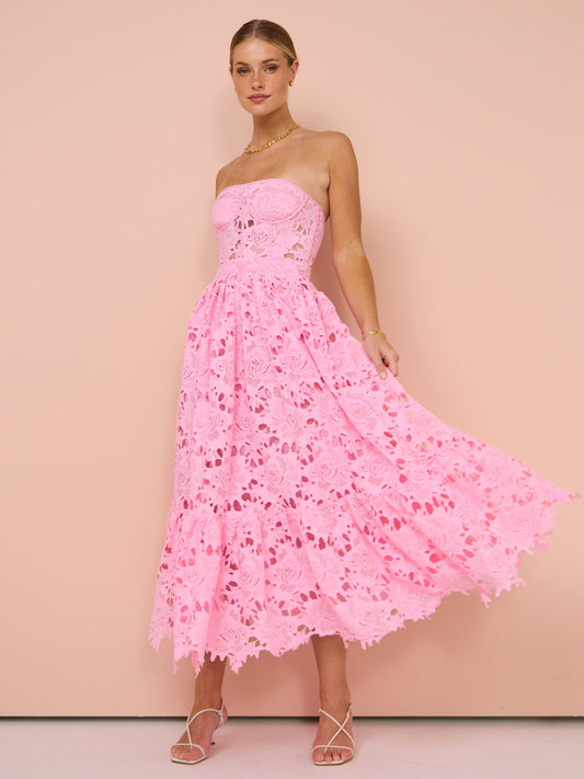 Leo Lin Emilia Lace Bustier Midi Dress in Candy Pink Coco & Lola Leo Lin Emilia Lace Bustier Midi Dress in Candy Pink Coco & Lola