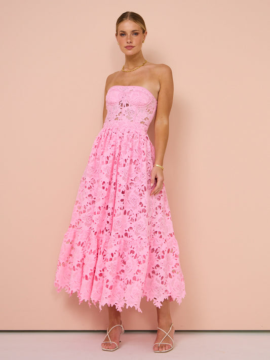Leo Lin Emilia Lace Bustier Midi Dress in Candy Pink Coco & Lola Leo Lin Emilia Lace Bustier Midi Dress in Candy Pink Coco & Lola