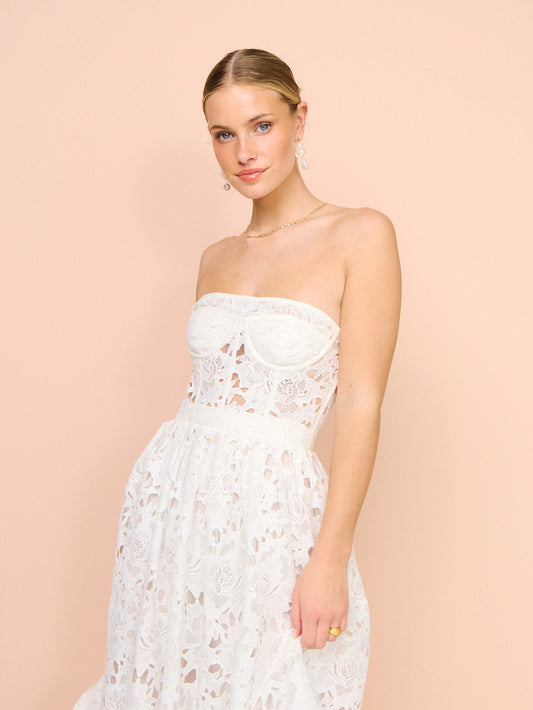 Leo Lin Emilia Lace Bustier Midi Dress in Snow Coco & Lola Leo Lin Emilia Lace Bustier Midi Dress in Snow Coco & Lola