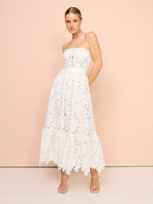 Leo Lin Emilia Lace Bustier Midi Dress in Snow Coco & Lola Leo Lin Emilia Lace Bustier Midi Dress in Snow Coco & Lola