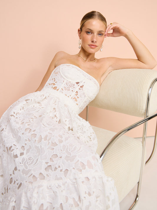 Leo Lin Emilia Lace Bustier Midi Dress in Snow Coco & Lola Leo Lin Emilia Lace Bustier Midi Dress in Snow Coco & Lola