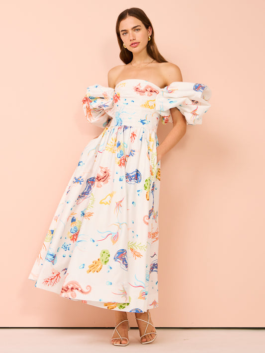 Leo Lin Matilda Puff Sleeve Midi Dress in Twilight Print in White Coco & Lola Leo Lin Matilda Puff Sleeve Midi Dress in Twilight Print in White Coco & Lola