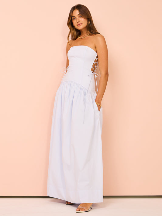 Shona Joy Amada Lace Up Strapless Maxi Dress in Ice Blue Coco & Lola Shona Joy Amada Lace Up Strapless Maxi Dress in Ice Blue Coco & Lola