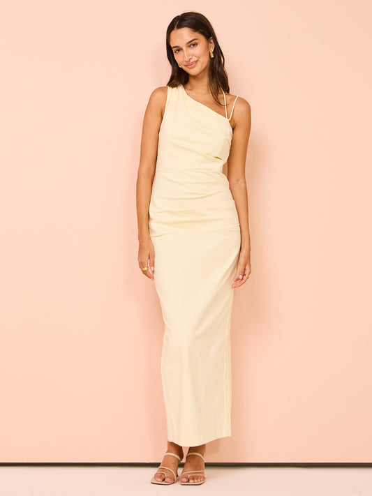 Shona Joy Lani Asymmetrical Gathered Midi Dress in Vanilla