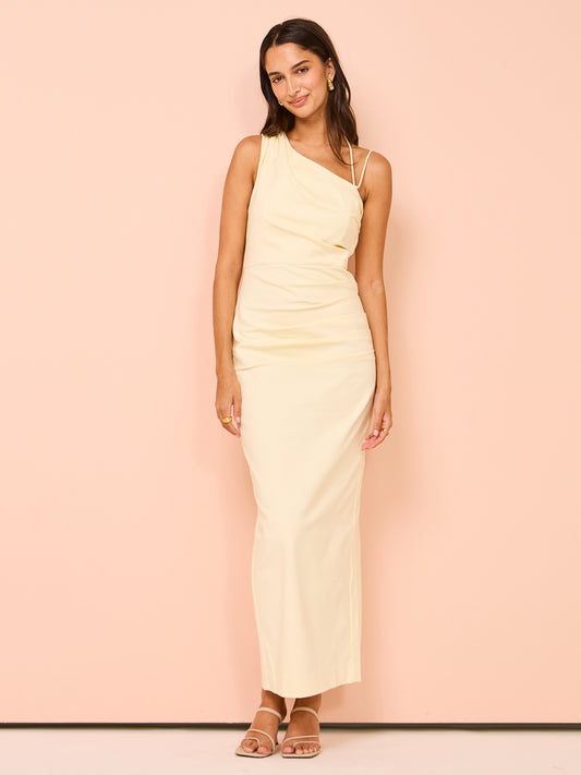 Shona Joy Lani Asymmetrical Gathered Midi Dress in Vanilla Coco & Lola Shona Joy Lani Asymmetrical Gathered Midi Dress in Vanilla Coco & Lola