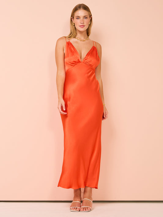 Shona Joy Mia Contrast Plunged Double Strap Midi Dress in Red Orange/Hibiscus
