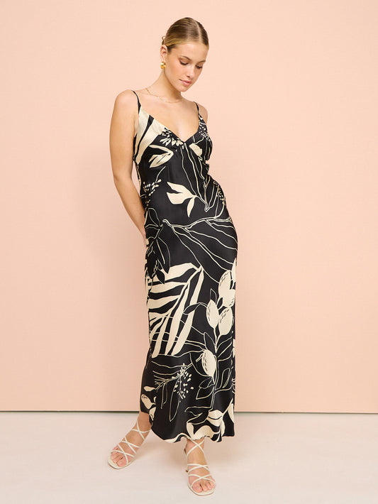 Shona Joy Capri Silk Plunged Slip Midi Dress in Black/Cream