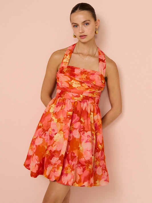Sofia The Label Amara Bubble Mini Dress in Red & Pink Floral