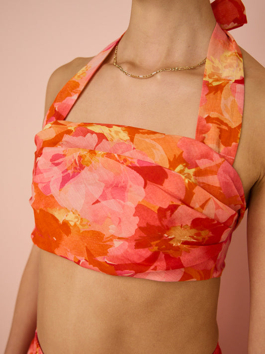 Sofia The Label Ella Crop Halter Top in Red & Pink Floral