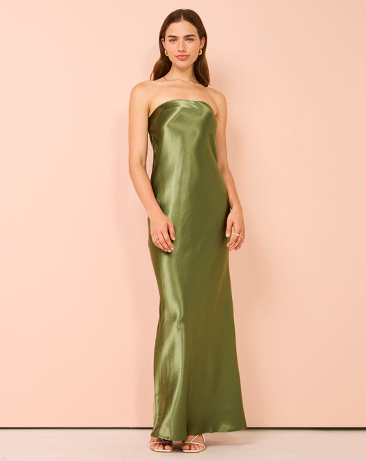 Third Form Satin Tie Back Strapless Maxi Dress in Olive