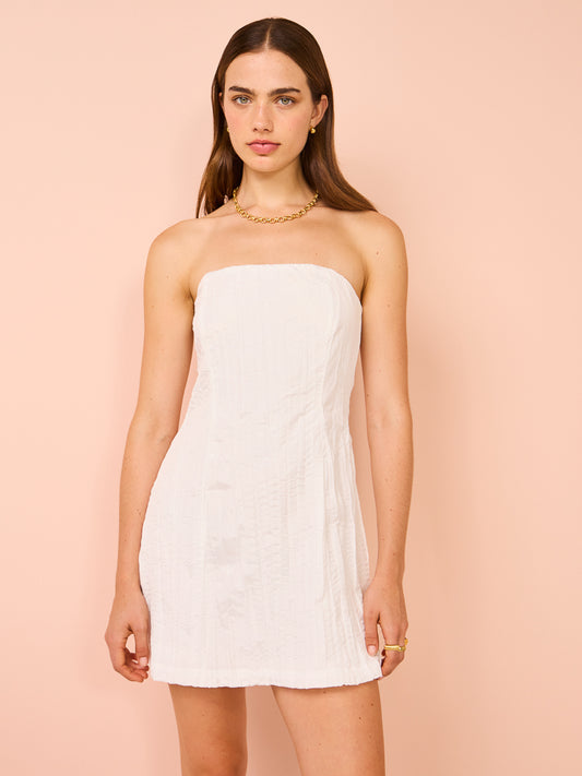 Third Form Rolling Wave Strapless Mini Dress in White Washed