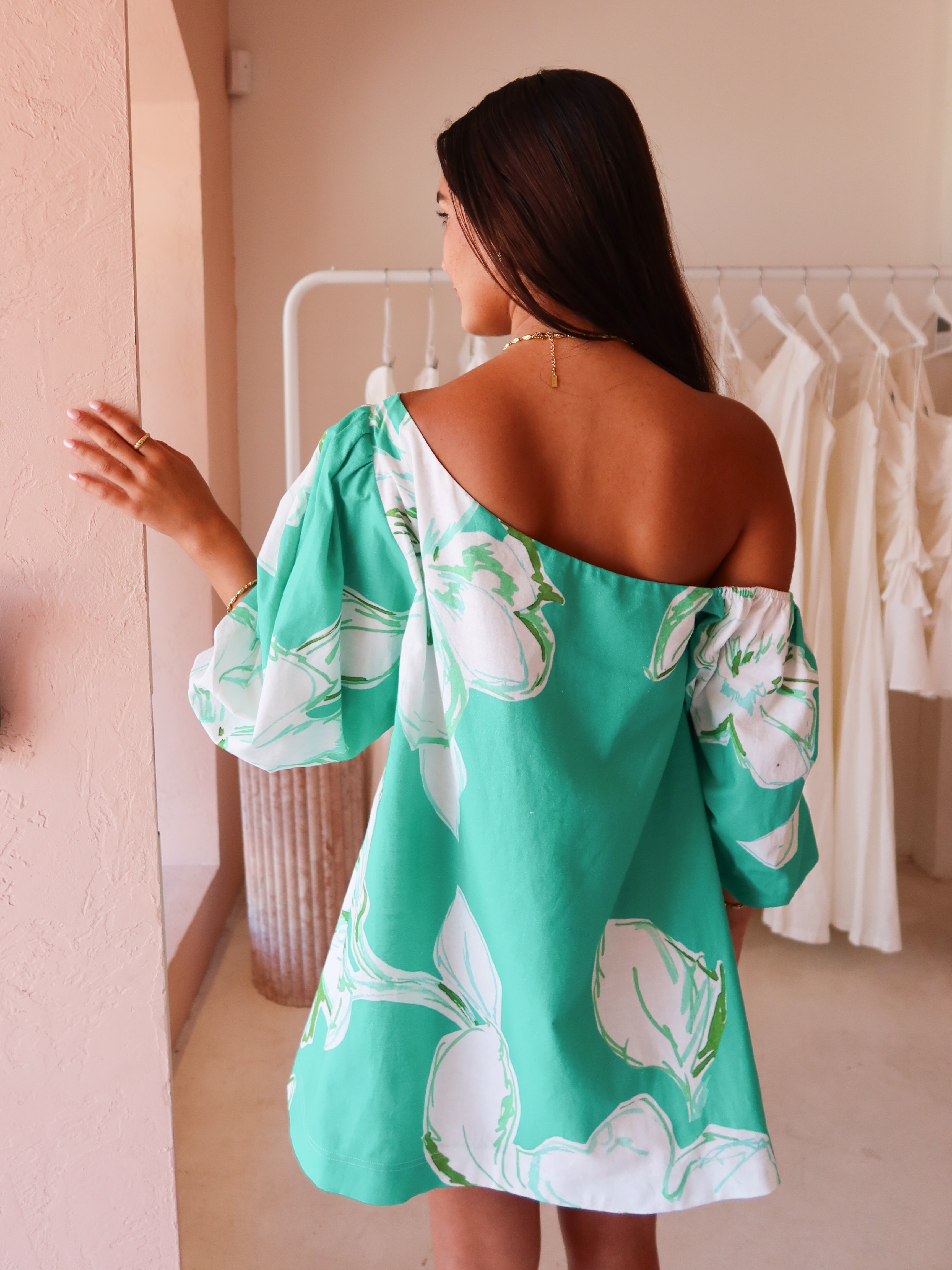 By Nicola Capri Off Shoulder Relaxed Mini Dress in Verde Fleur