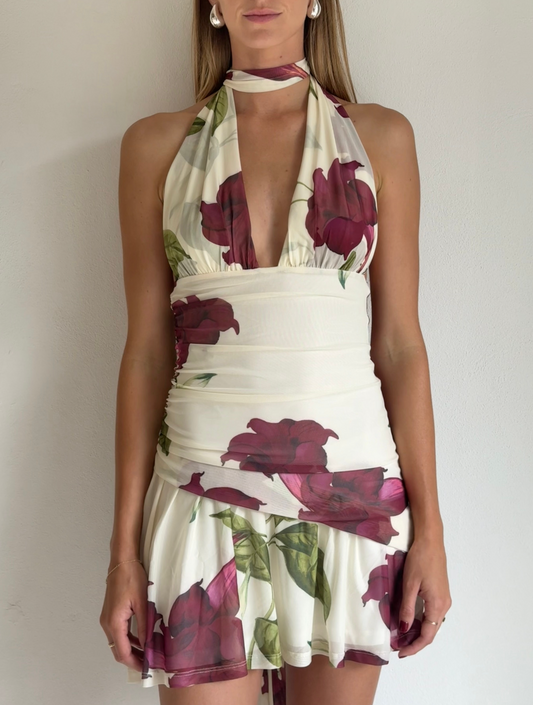 By Nicola Violette Mini Dress in Bordeaux Floral