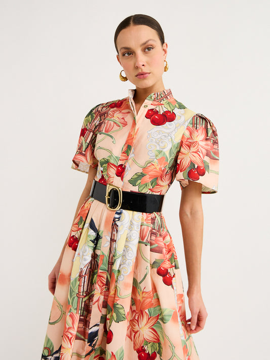 Leo Lin Bianca Short Sleeve Midi Dress in Azalea Print in Fortune