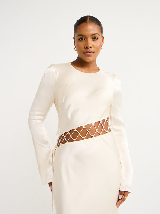 Shona Joy Arienzo Asymmetrical Lace Up Maxi Dress in Cream