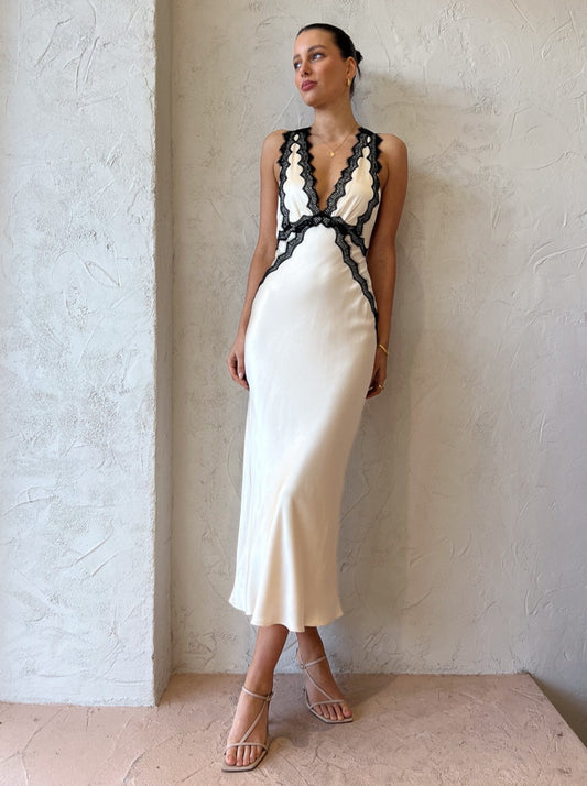 Shona Joy Camille Lace Cross Back Midi Dress in Cream/Black Coco & Lola Shona Joy Camille Lace Cross Back Midi Dress in Cream/Black Coco & Lola