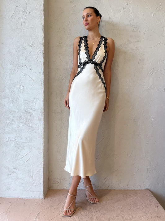 Shona Joy Camille Lace Cross Back Midi Dress in Cream/Black – Coco