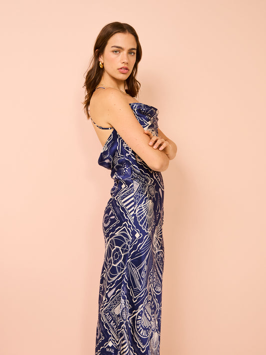 Mer Silk Double Cowl Bias Maxi Dress | Navy/Ivory | Dresses | Shona Joy