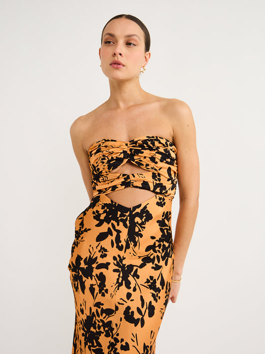 Shona Joy Solare Strapless Cut Out Ruched Midi Dress in Tangerine/Black