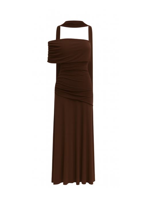 By Nicola Fiesta Off Shoulder Maxi Dress in Chocolate