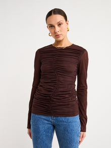 Sir Jacques Mesh Gathered Top in Chocolate