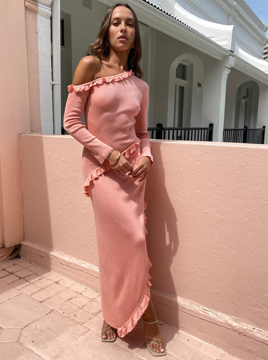 Issy Off Shoulder Ruffle Maxi Dress in Pink Coco & Lola Issy Off Shoulder Ruffle Maxi Dress in Pink Coco & Lola