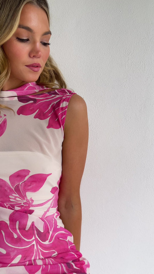 By Nicola Juno maxi dress in potpourri floral print with bias cut chiffon, reversible design and included jersey slip, perfect for weddings and summer events