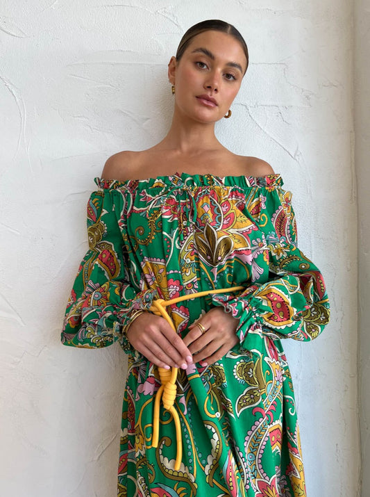 Alemais Marion Off Shoulder Midi Dress in Emerald