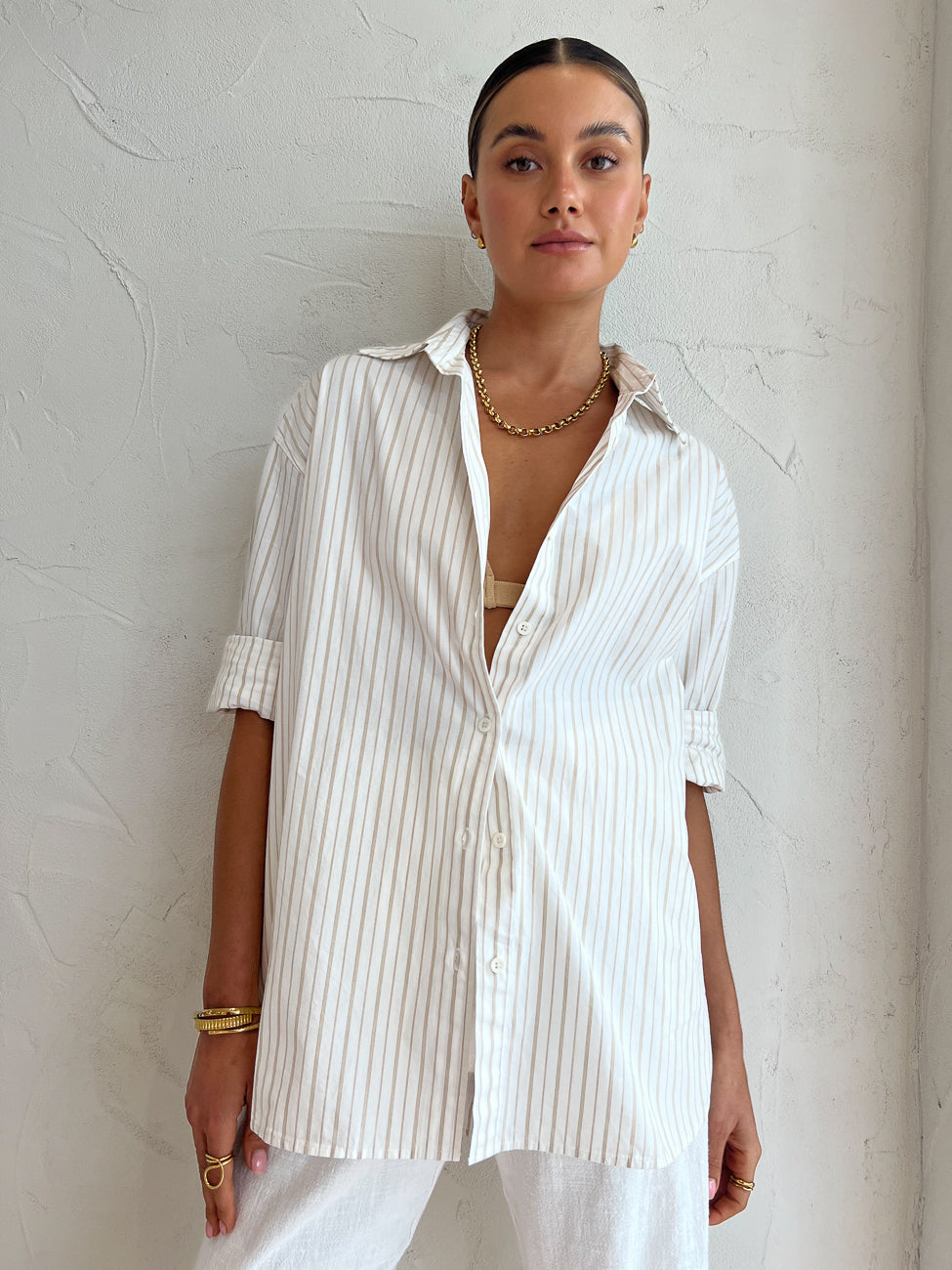 Assembly Label Everyday Poplin Shirt in Biscuit Fine Stripe – Coco & Lola