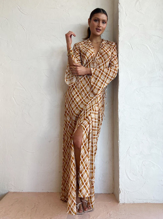 bec and bridge sunflower check long sleeve maxi dress Bec + Bridge Sunflower Check L/S Maxi Dress Rent a Dress