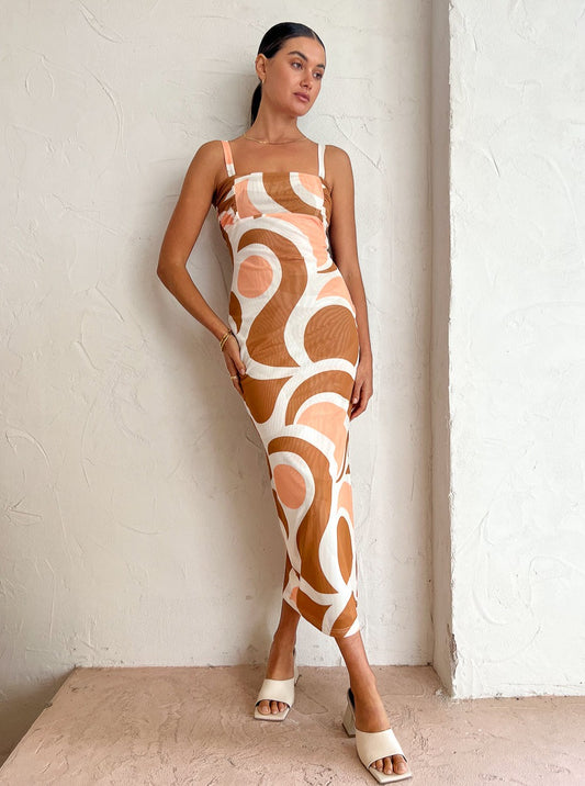 By Johnny Geo Maze Mesh Midi Dress in Brown Ivory Orange