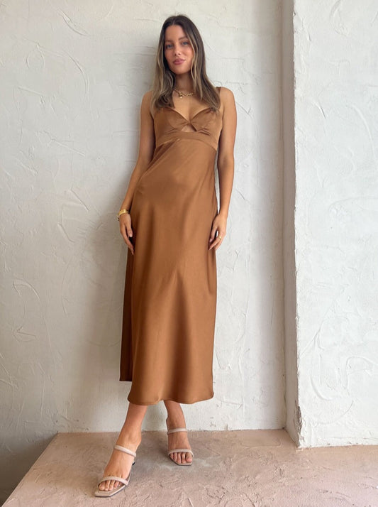 By Johnny Kirsten Cut Out Bias Midi Dress in Coffee