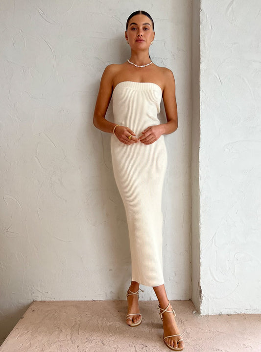 By Johnny Cashmere Cotton Strapless Midi Dress in Butter Cream