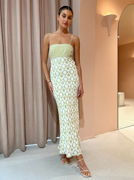 By Johnny Duality Spot Bias Midi Dress in Pistachio Spot