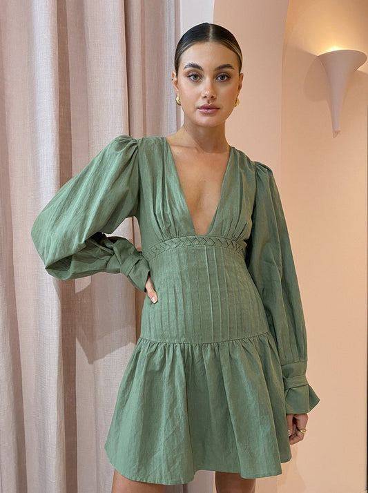 By Nicola Cher V Neck Stitch Waist Mini Dress in Olive