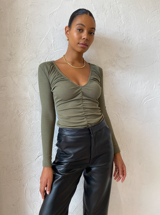 By Nicola Isles V Neck Gathered Top in Olive