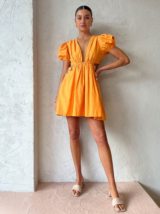 By Nicola Ahoy Plunge Neckline Tie Waist Mini Dress in Morange/Citrus
