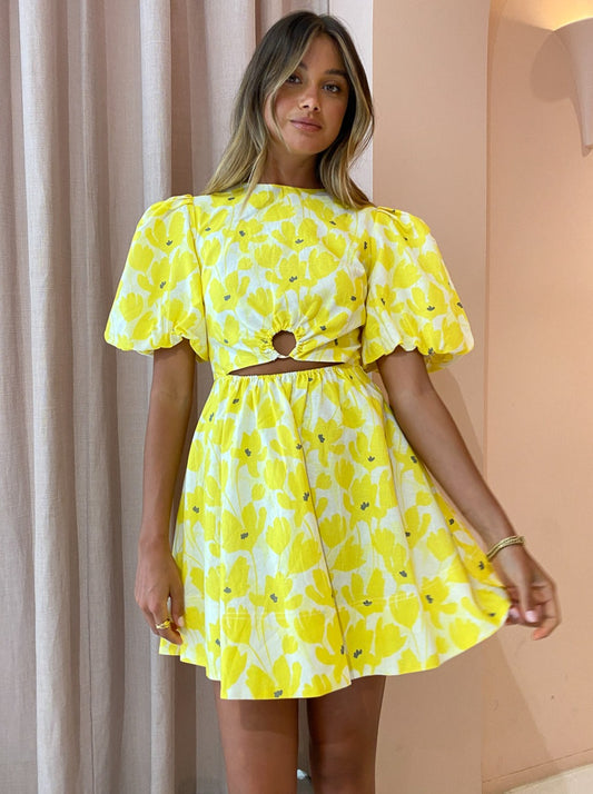 By Nicola Dahlia Ring Detail Mini Dress in Canary Blossom