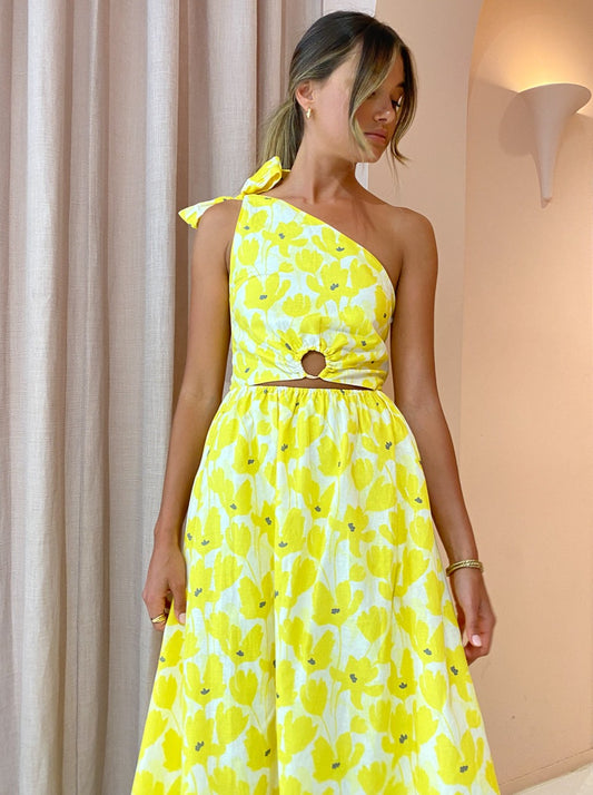 By Nicola Dahlia One Shoulder Ring Maxi Dress in Canary Blossom