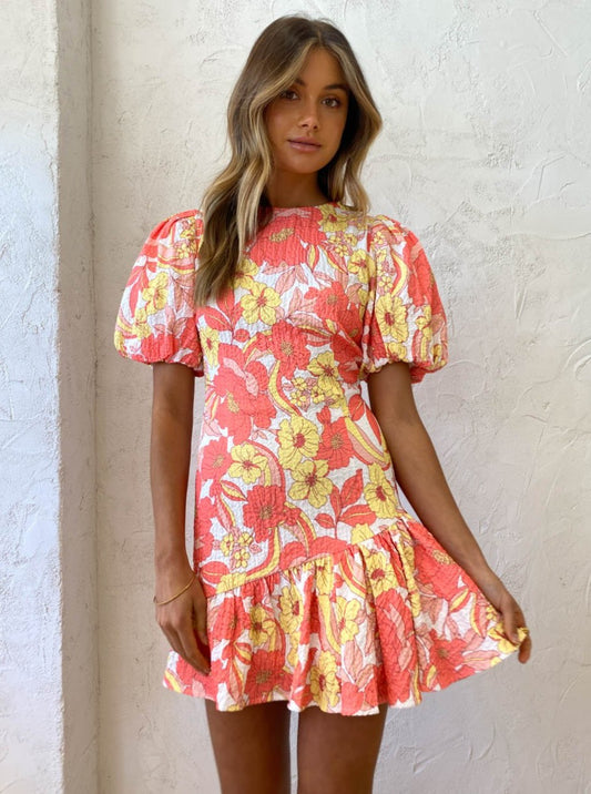 By Nicola Calypso Puff Sleeve Mini Dress in Sunrise Blooms