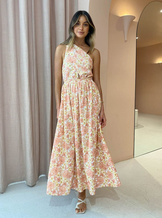 By Nicola Calypso Maxi Tie One Shoulder Dress in Light Sunrise Blooms