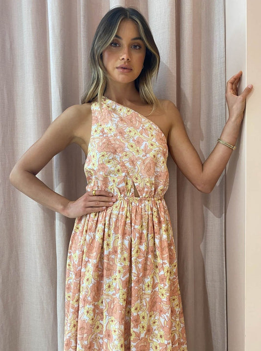 By Nicola Calypso Maxi Tie One Shoulder Dress in Light Sunrise Blooms