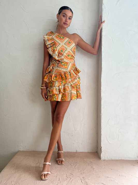 By Nicola Adrift Frill Mini Dress in Orange Mosaic