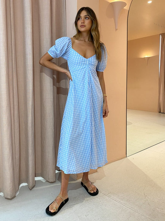 Faithfull the Brand Charlize Midi Dress in Cornflower Check
